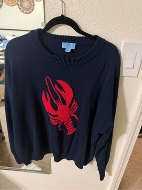 CeCe Navy Crewneck Sweater with Red Lobster Graphic